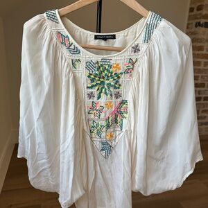 Anthropologie Beaded White Blouse with Colorful Embroidery